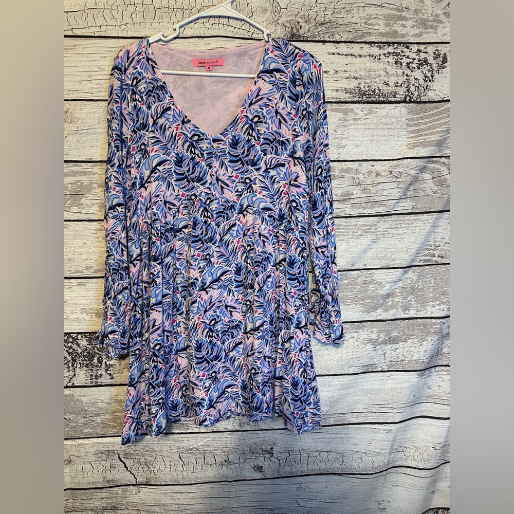 Simply Southern Floral V-Neck Babydoll Dress Pink Blue Medium